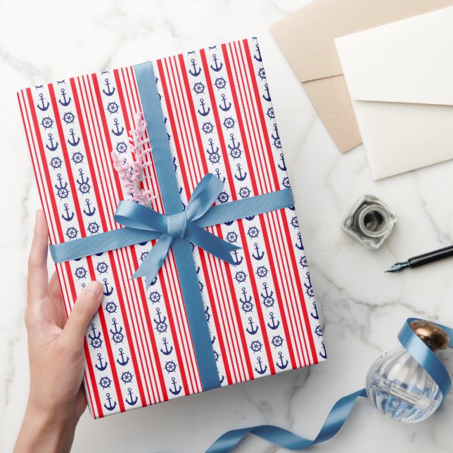 Red and Blue Nautical Anchors Wrapping Paper (Gifting)