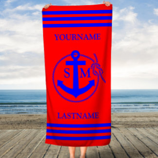 Red and Blue Nautical Rope and Anchor Beach Towel