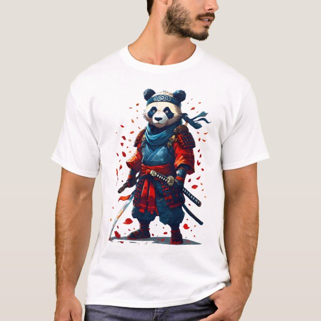 Red and Blue Panda Samurai T-Shirt (Front)