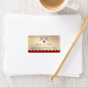 Red And Blue Paper Cranes Scallop Pattern Wedding Label