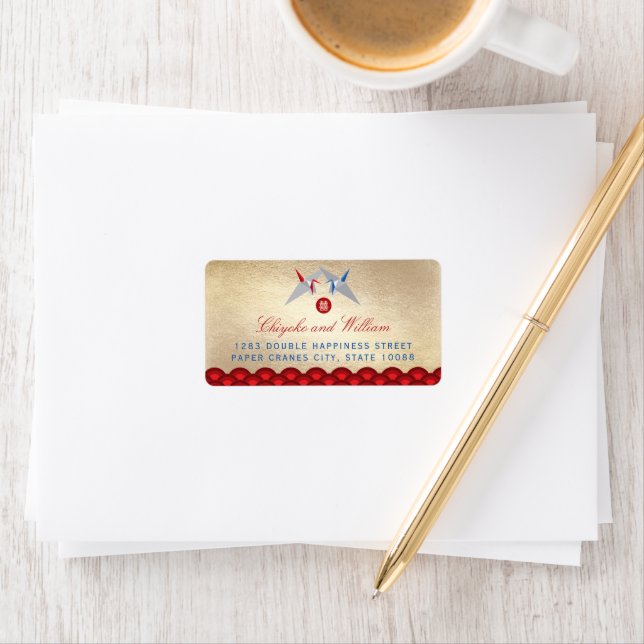 Red And Blue Paper Cranes Scallop Pattern Wedding Label (Insitu)