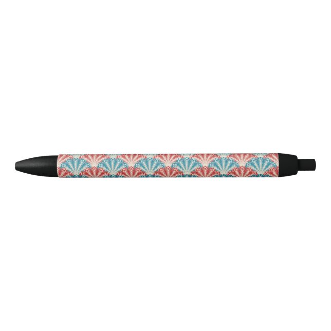 Red and Blue Peacock Tail Pattern Black Ink Pen (Front)