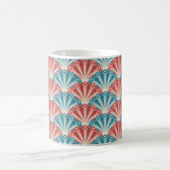Red and Blue Peacock Tail Pattern Coffee Mug (Center)