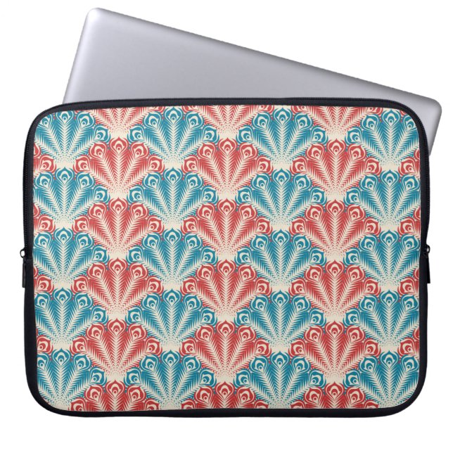 Red and Blue Peacock Tail Pattern Laptop Sleeve (Front)
