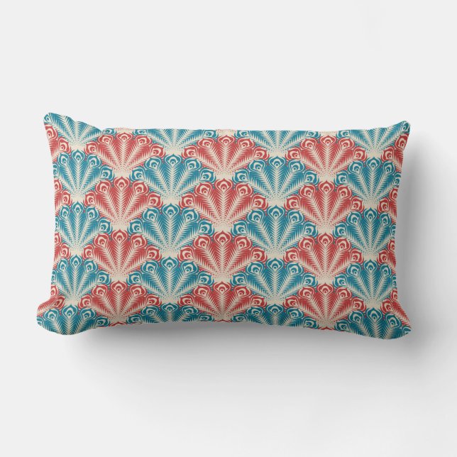 Red and Blue Peacock Tail Pattern Lumbar Cushion (Front)
