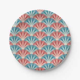 Red and Blue Peacock Tail Pattern Paper Plate