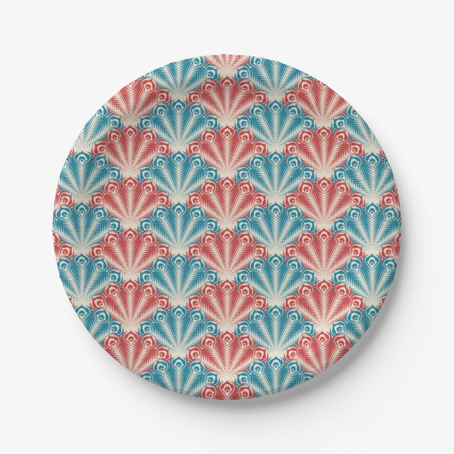 Red and Blue Peacock Tail Pattern Paper Plate (Front)