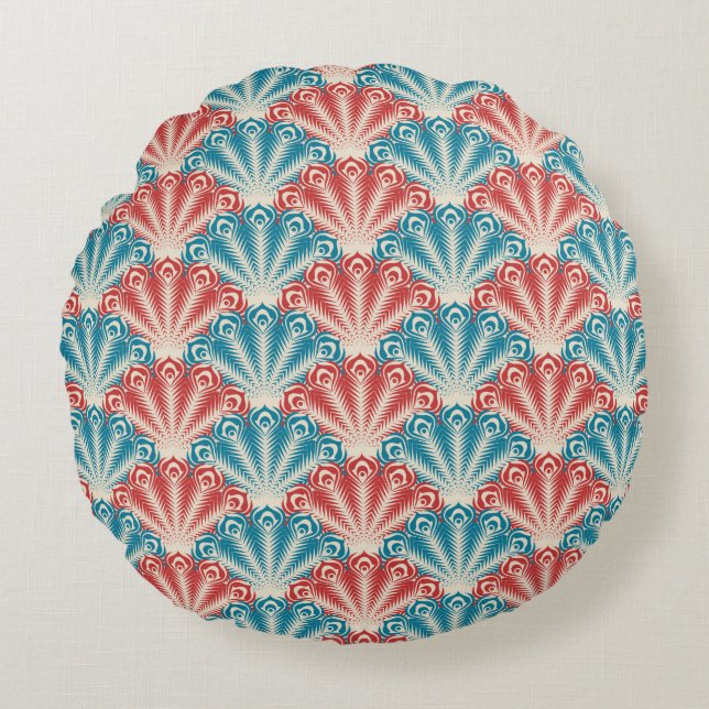 Red and Blue Peacock Tail Pattern Round Cushion (Front)