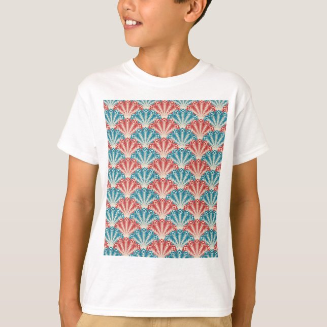 Red and Blue Peacock Tail Pattern T-Shirt (Front)
