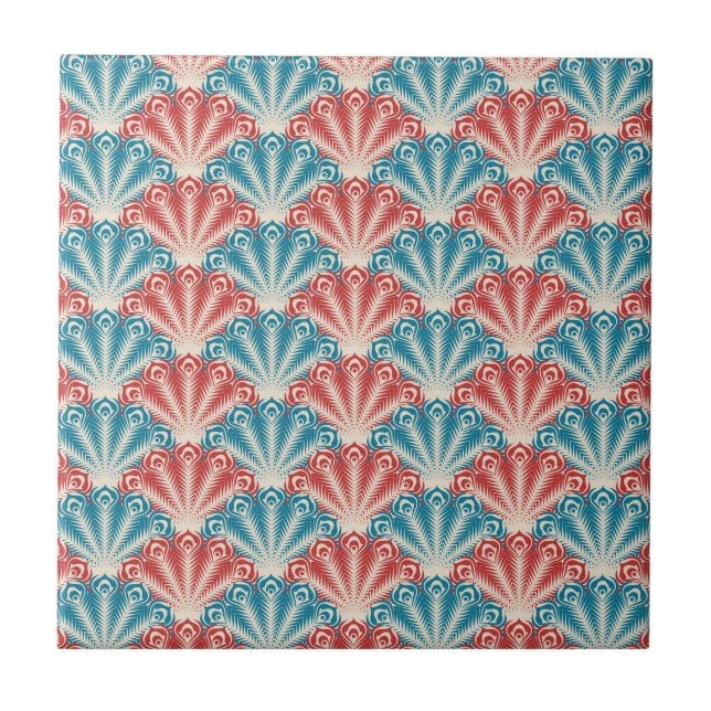 Red and Blue Peacock Tail Pattern Tile (Front)