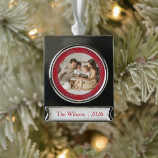 Red and Blue Plaid Holiday Silver Plated Banner Ornament