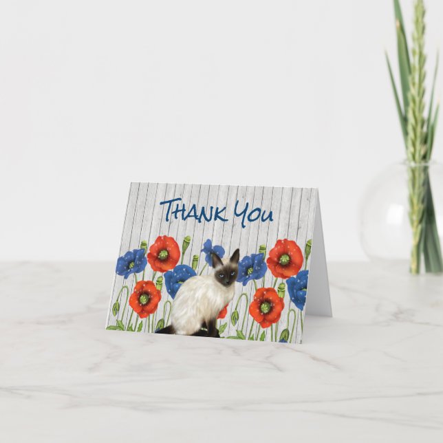 Red and Blue Poppies with Siamese Cat Thank You Card (Front)