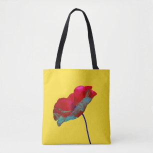 Red and blue poppy flower art print on yellow tote bag