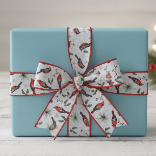 Red and Blue Red Cardinal Birds and Holly Pattern Grosgrain Ribbon
