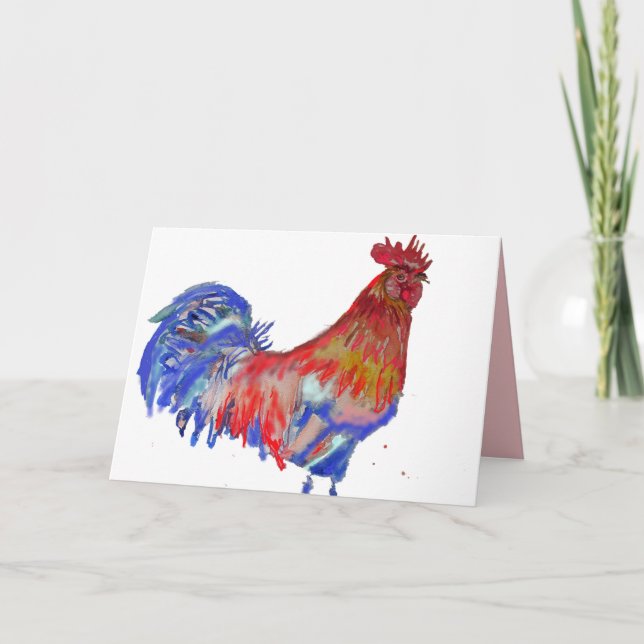 Red and Blue Rooster Watercolour Card Blue (Front)