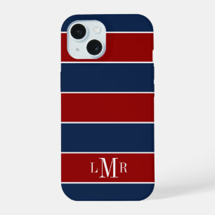 Red and Blue Rugby Stripes 3 Letter Monogram iPhone 15 Case