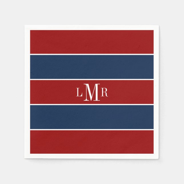 Red and Blue Rugby Stripes 3 Letter Monogram Napkin (Front)