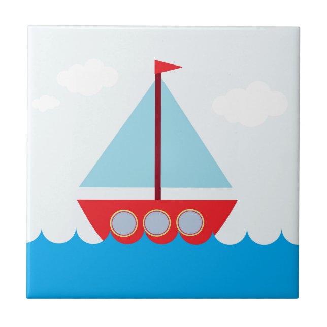 Red and Blue Sailboat on the Sea Tile (Front)