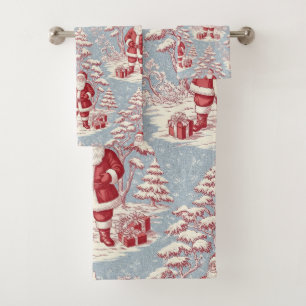 Red and Blue Santa Toile Chinoiserie Bath Towel Set