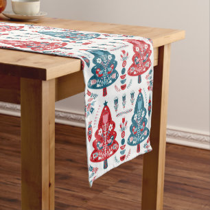 Red and Blue Scandinavian Christmas Tree Folk Art Medium Table Runner