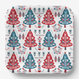 Red and Blue Scandinavian Christmas Tree Folk Art Paper Plate