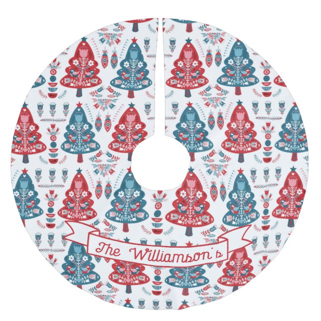 Red and Blue Scandinavian Christmas Tree Pattern Brushed Polyester Tree Skirt (Front)