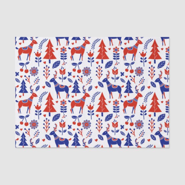 red and blue Scandinavian folk pattern Tissue Paper (Front)