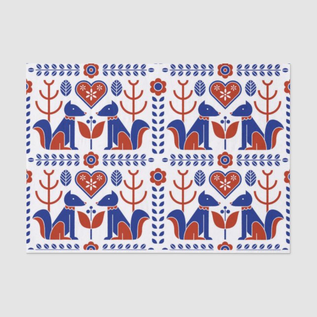 red and blue Scandinavian folk pattern Tissue Paper (Front)