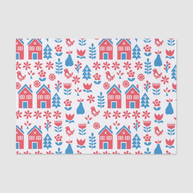red and blue Scandinavian folk pattern Tissue Paper (Front)