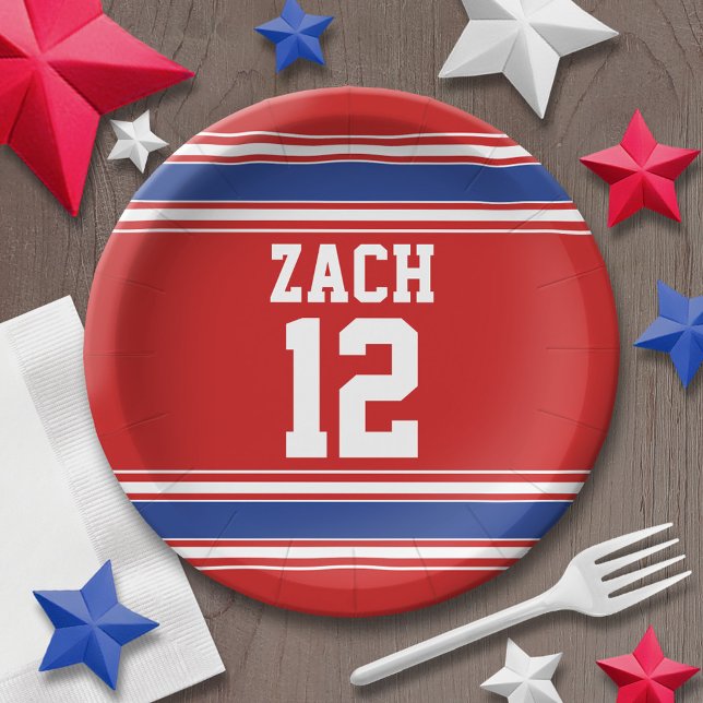Red and Blue Sports Jersey Birthday Party Paper Plate (Personalized party plates - sports theme for birthday or any occasion)