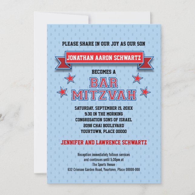 Red and Blue Sports Tackle Twill Bar Mitzvah Invitation (Front)