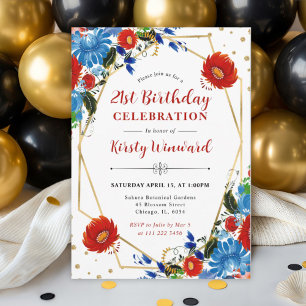 Red and Blue Spring Flowers Frame Birthday Invitation
