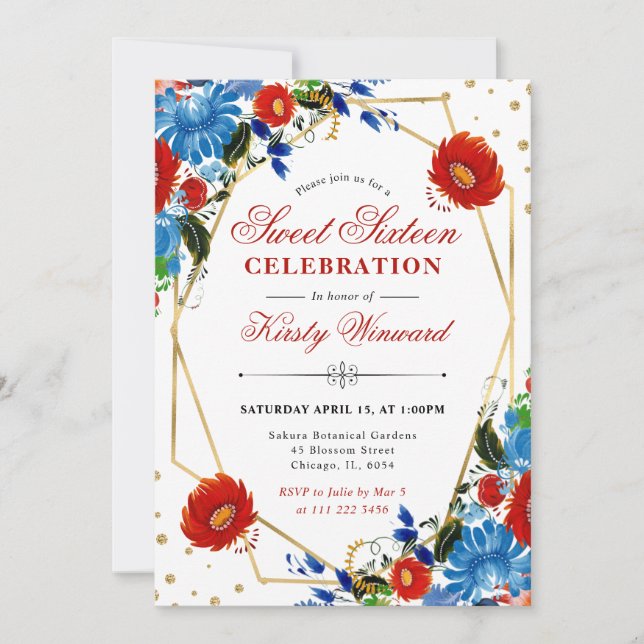 Red and Blue Spring Flowers Frame Sweet 16 Invitation (Front)
