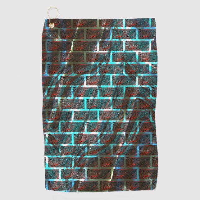 Red and blue stained, grid or scratch brick effect golf towel (Front)