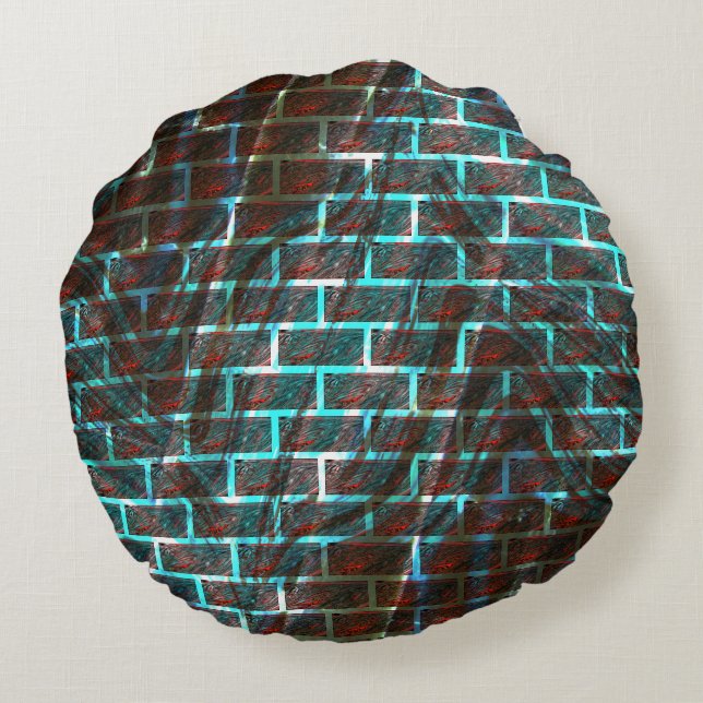 Red and blue stained, grid or scratch brick effect round cushion (Back)
