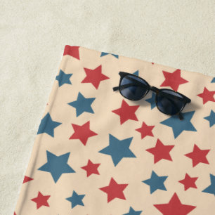 Red and Blue Stars, 4th of July, Beige Background Beach Towel