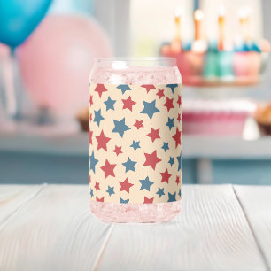 Red and Blue Stars, 4th of July, Beige Background Can Glass