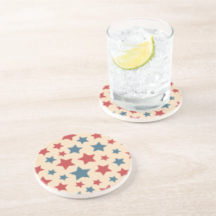 Red and Blue Stars, 4th of July, Beige Background Coaster