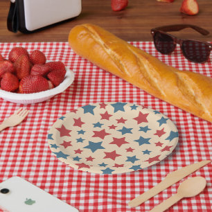 Red and Blue Stars, 4th of July, Beige Background Paper Plate