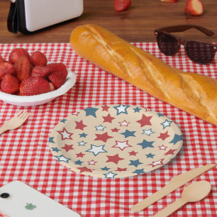 Red and Blue Stars, 4th of July, Beige Background Paper Plate