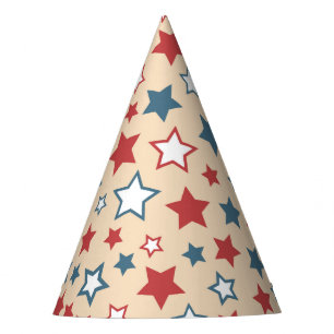 Red and Blue Stars, 4th of July, Beige Background Party Hat