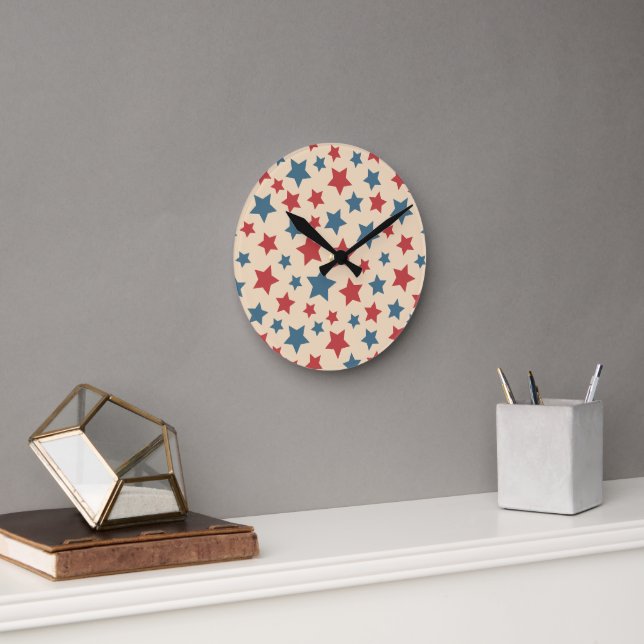 Red and Blue Stars, 4th of July, Beige Background Round Clock (Office)