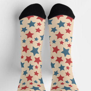 Red and Blue Stars, 4th of July, Beige Background Socks