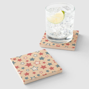 Red and Blue Stars, 4th of July, Beige Background Stone Coaster