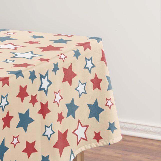 Red and Blue Stars, 4th of July, Beige Background Tablecloth (In Situ)