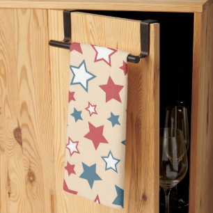 Red and Blue Stars, 4th of July, Beige Background Tea Towel