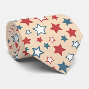 Red and Blue Stars, 4th of July, Beige Background Tie