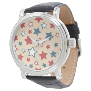 Red and Blue Stars, 4th of July, Beige Background Watch