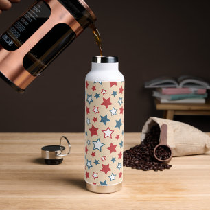 Red and Blue Stars, 4th of July, Beige Background Water Bottle