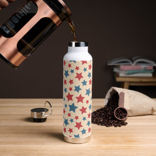 Red and Blue Stars, 4th of July, Beige Background Water Bottle